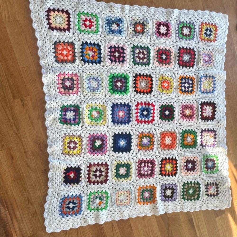 Handmade Vintage Crochet Granny Square Afghan Blanket Multicolor 51 x 56
